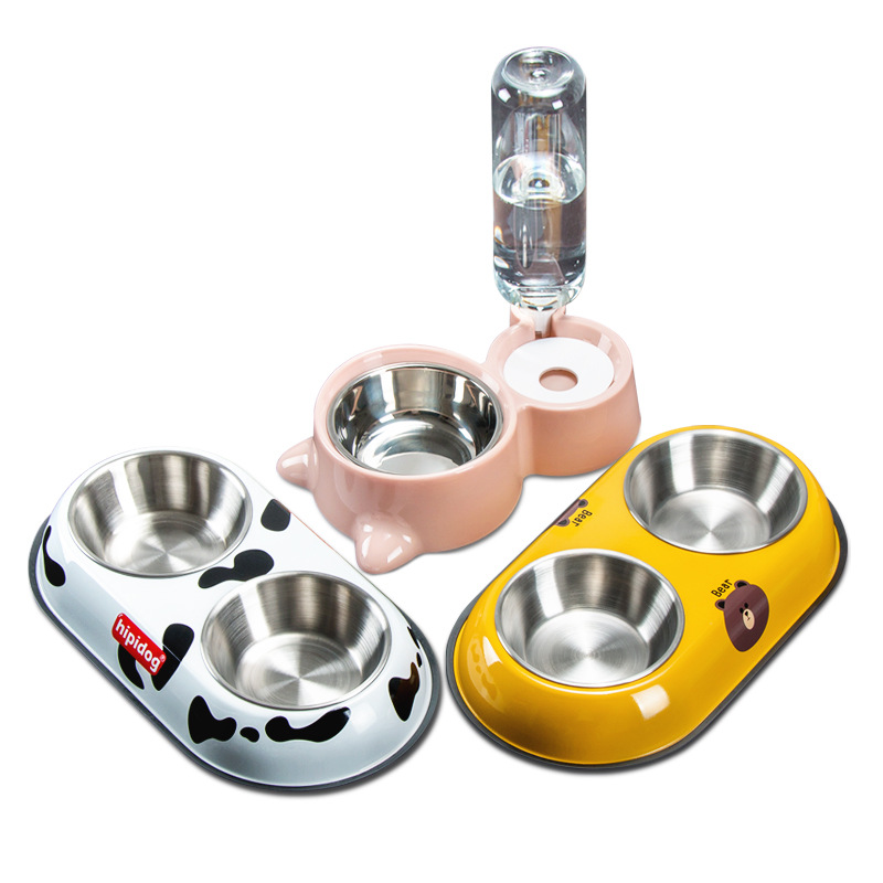 New Cartoon Pet Stainless Steel Dog Bowl Double Bowl Dog Cat Pot Cat Bowl Teddy Drinking Water Pet Dog Supplies