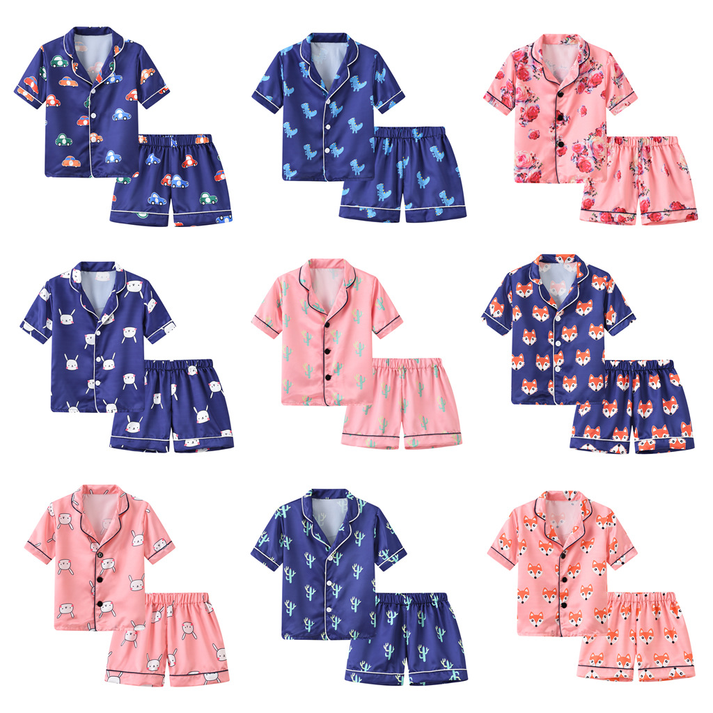 Children's Home Clothes Summer New Children's Pajamas Short-sleeved Shorts Set Baby Boys and Girls Air Conditioning Clothes Cardigan Thin