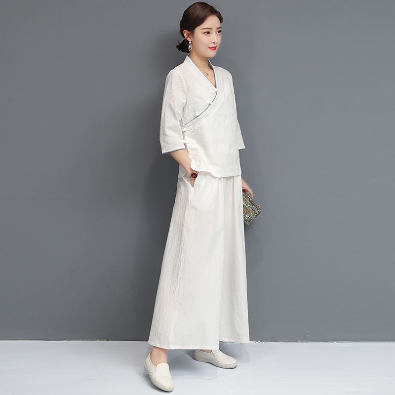 Spring and Summer Chinese style cotton linen yoga clothes suit women's vintage jacquard Hanfu Ju Shi clothing meditation tea man clothes two-piece suit