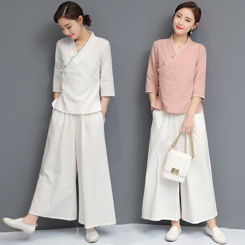 Spring and Summer Chinese style cotton linen yoga clothes suit women's vintage jacquard Hanfu Ju Shi clothing meditation tea man clothes two-piece suit