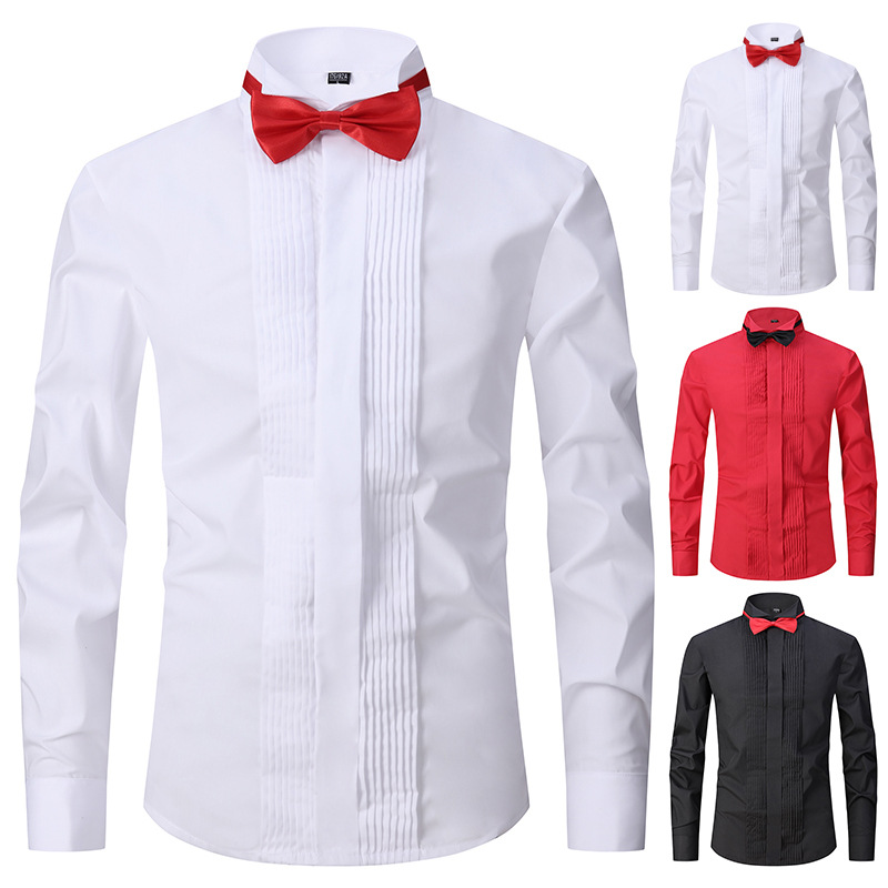 Pure Black Performance Shirt Men's Long Sleeve Stage Evening Chorus Costume Adult Host Bow-tie Dress Shirt