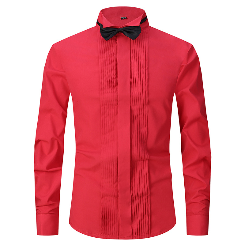 Pure Black Performance Shirt Men's Long Sleeve Stage Evening Chorus Costume Adult Host Bow-tie Dress Shirt