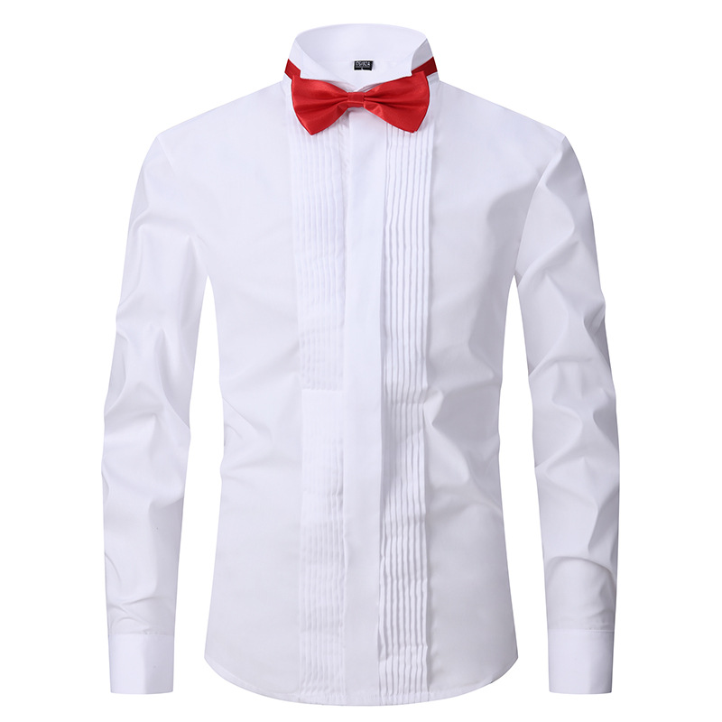 Pure Black Performance Shirt Men's Long Sleeve Stage Evening Chorus Costume Adult Host Bow-tie Dress Shirt