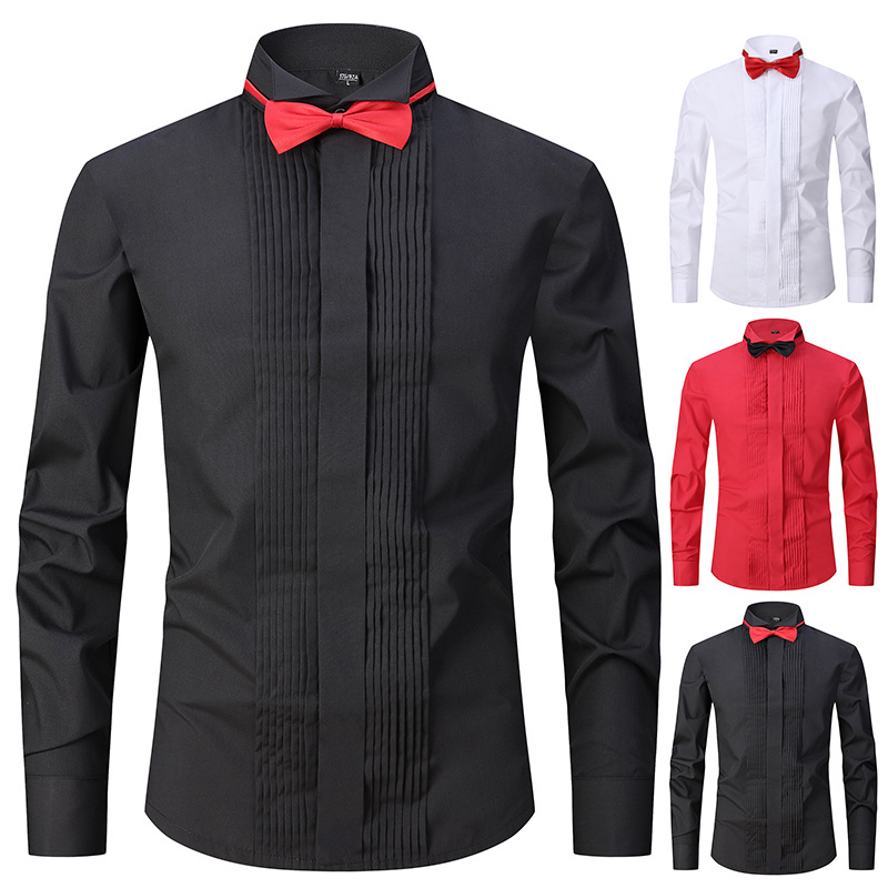 Pure Black Performance Shirt Men's Long Sleeve Stage Evening Chorus Costume Adult Host Bow-tie Dress Shirt