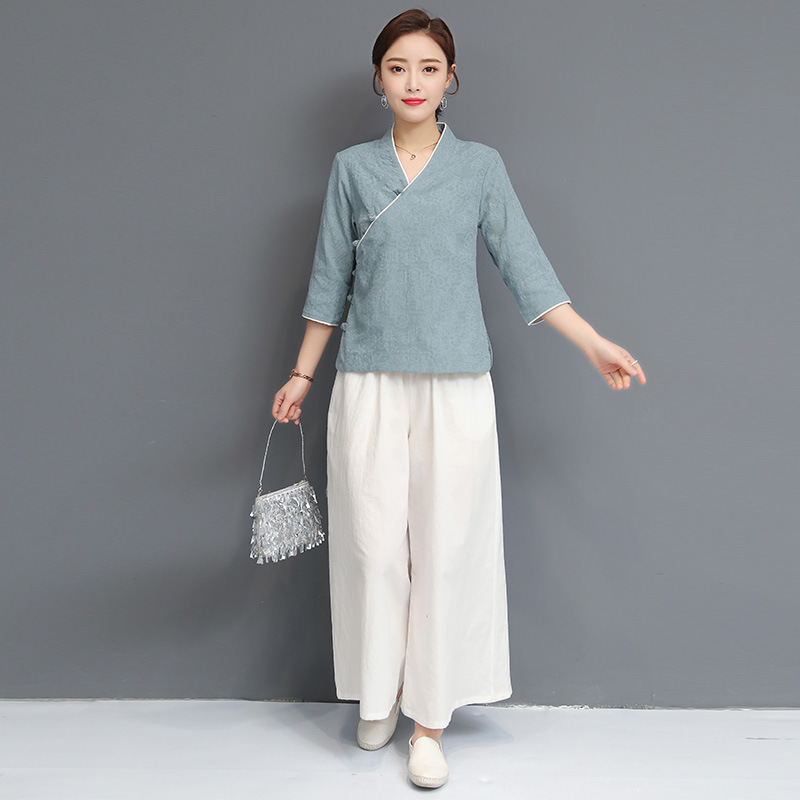 Spring and Summer Chinese style cotton linen yoga clothes suit women's vintage jacquard Hanfu Ju Shi clothing meditation tea man clothes two-piece suit