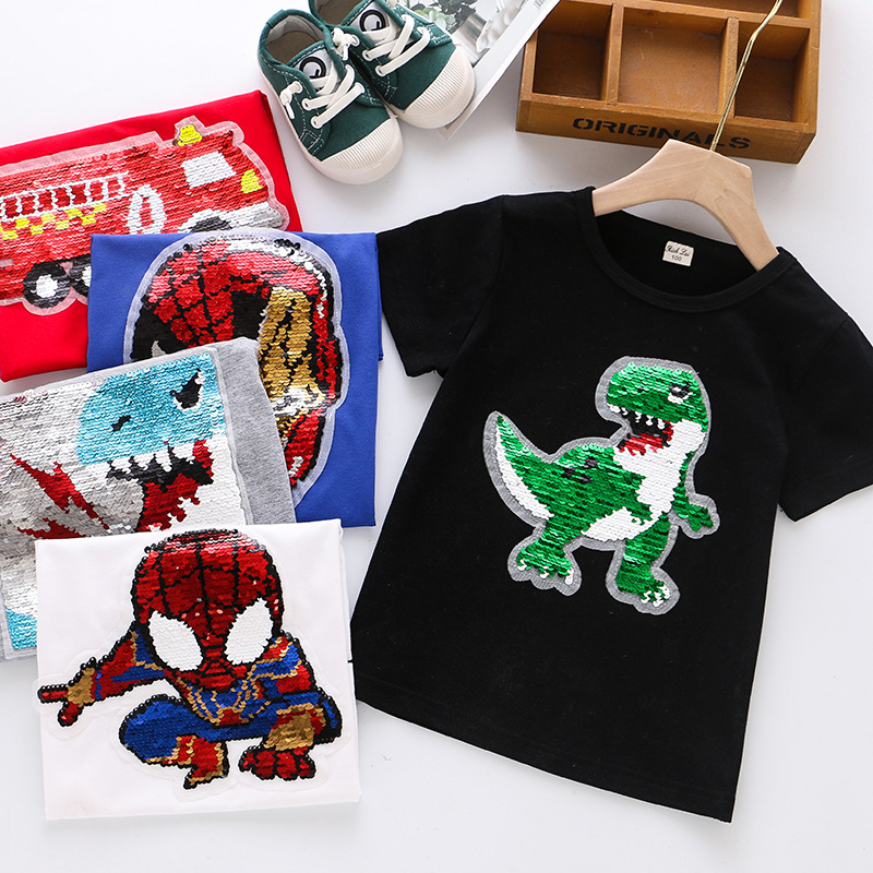 Children's summer new boys' sequined short-sleeved T-shirt ice porcelain cotton flip color-changing top round collar fashion one-piece delivery