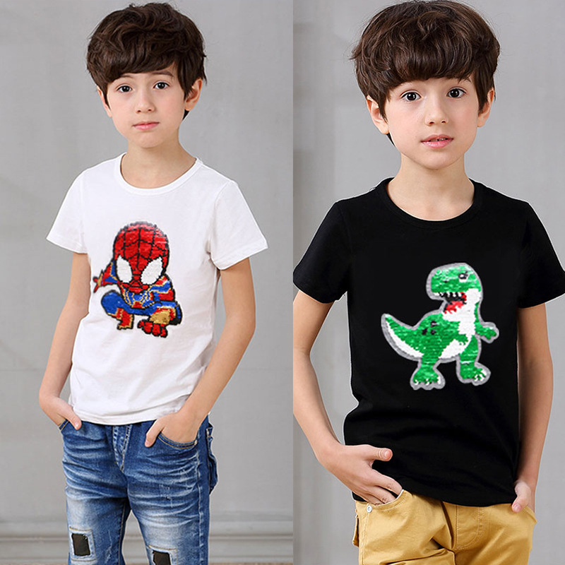 Children's summer new boys' sequined short-sleeved T-shirt ice porcelain cotton flip color-changing top round collar fashion one-piece delivery
