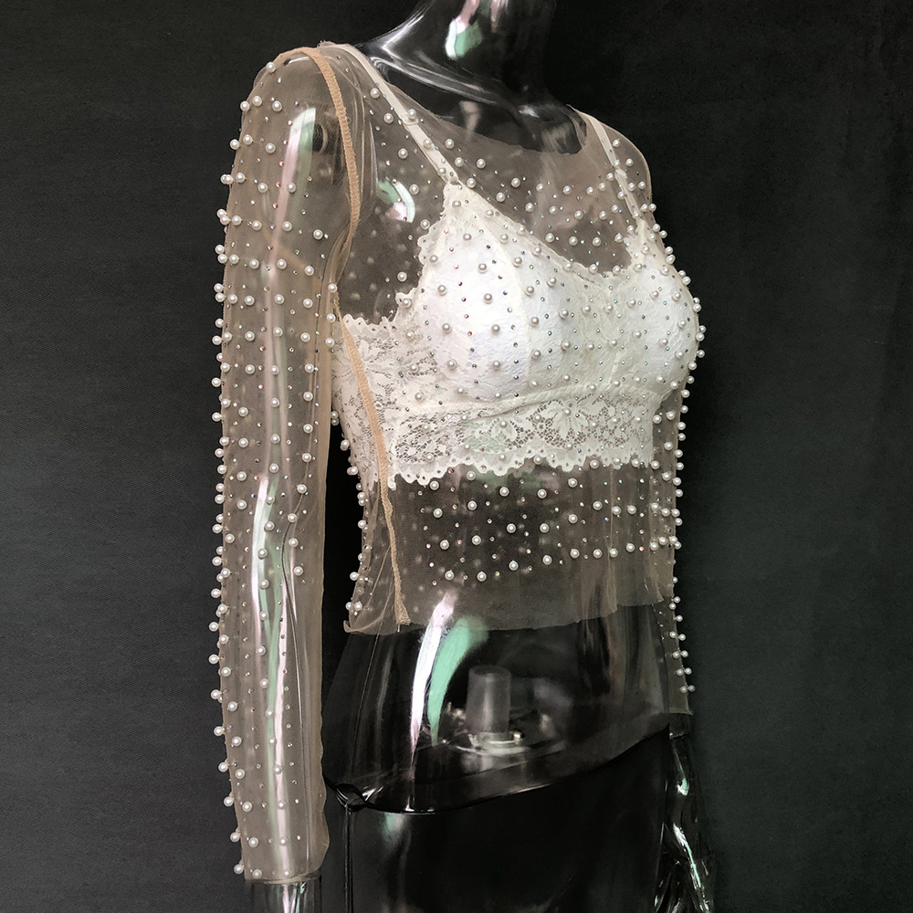 2023 foreign trade new popular Super fairy sexy transparent lace shirt bright diamond beads inner wear outer mesh long sleeve top for women