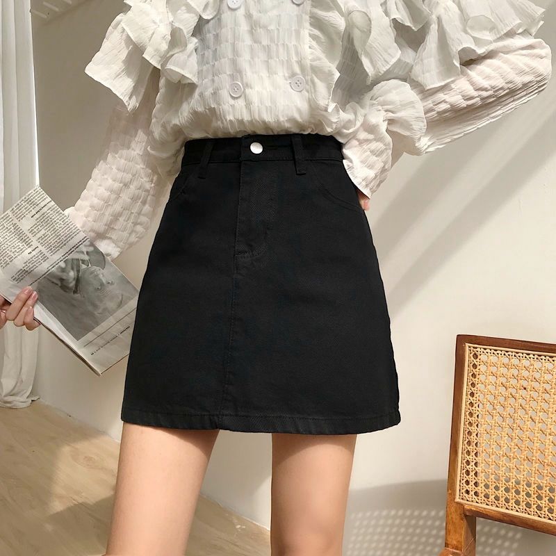 ins Black Denim Skirt Women's 2020 New Spring and Summer All-match High Waist A- line Hip Denim Skirt Women