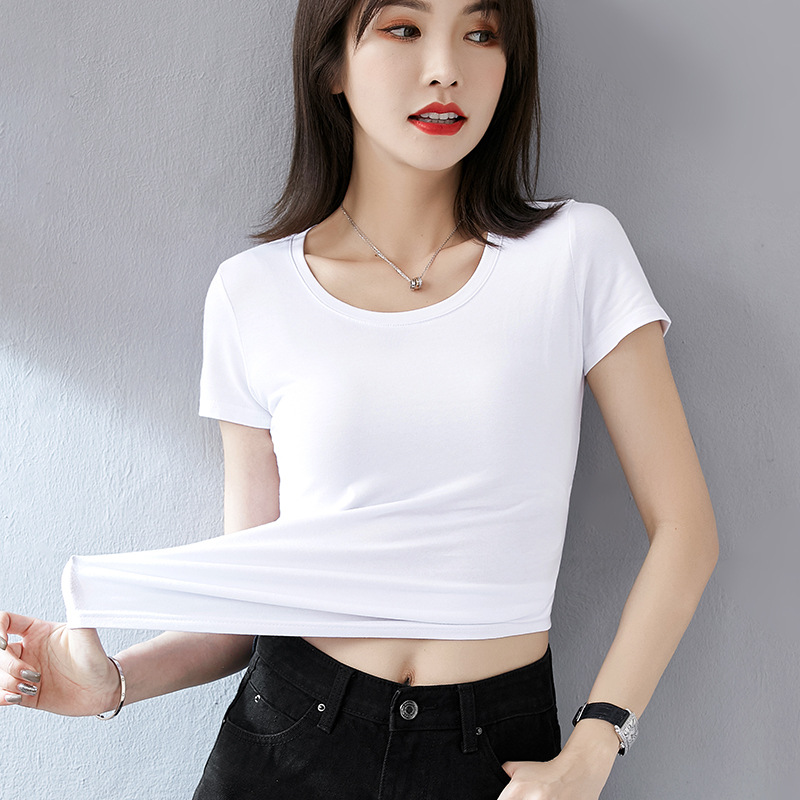 Summer short pure white T-shirt women's short sleeve slim round neck spring new pure cotton top T-shirt bottoming shirt fashion