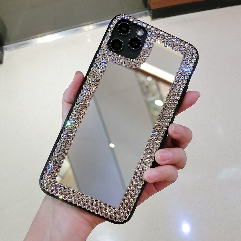 鏡子iphone14/15pro手機殼女鑲水鑽蘋果13全包硅膠8防摔12適用11