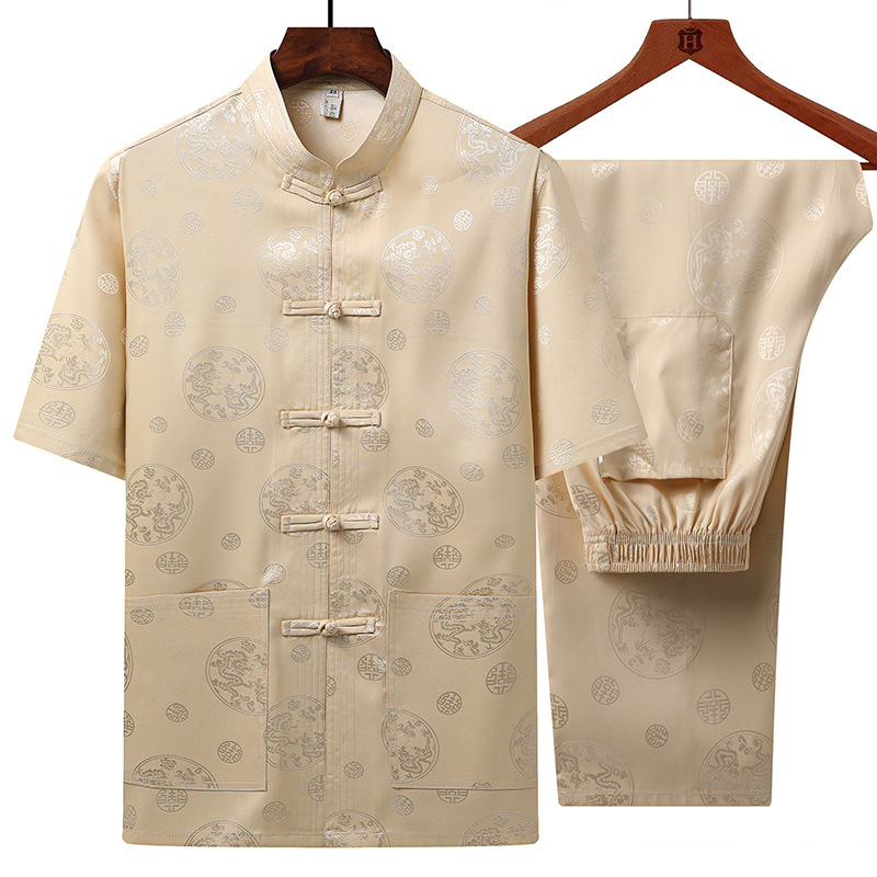 Summer Middle-aged and Elderly Tang Suit Men's Short-sleeved Suit Set Collar Dad Suit Chinese-style Chinese-style Best Man Suit Jushi Suit