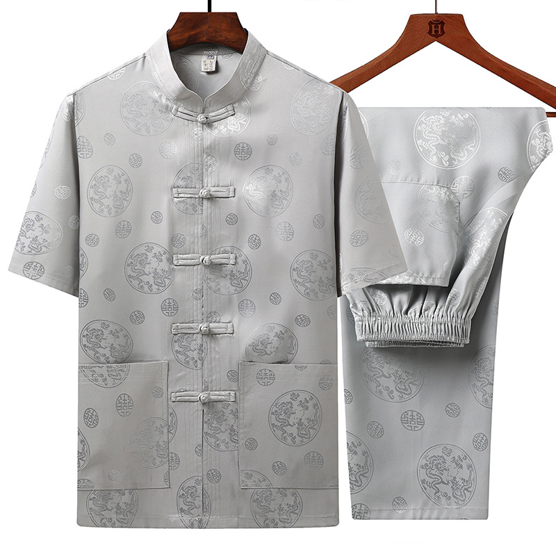 Summer Middle-aged and Elderly Tang Suit Men's Short-sleeved Suit Set Collar Dad Suit Chinese-style Chinese-style Best Man Suit Jushi Suit
