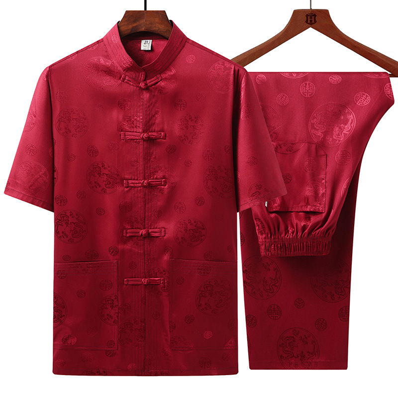 Summer Middle-aged and Elderly Tang Suit Men's Short-sleeved Suit Set Collar Dad Suit Chinese-style Chinese-style Best Man Suit Jushi Suit