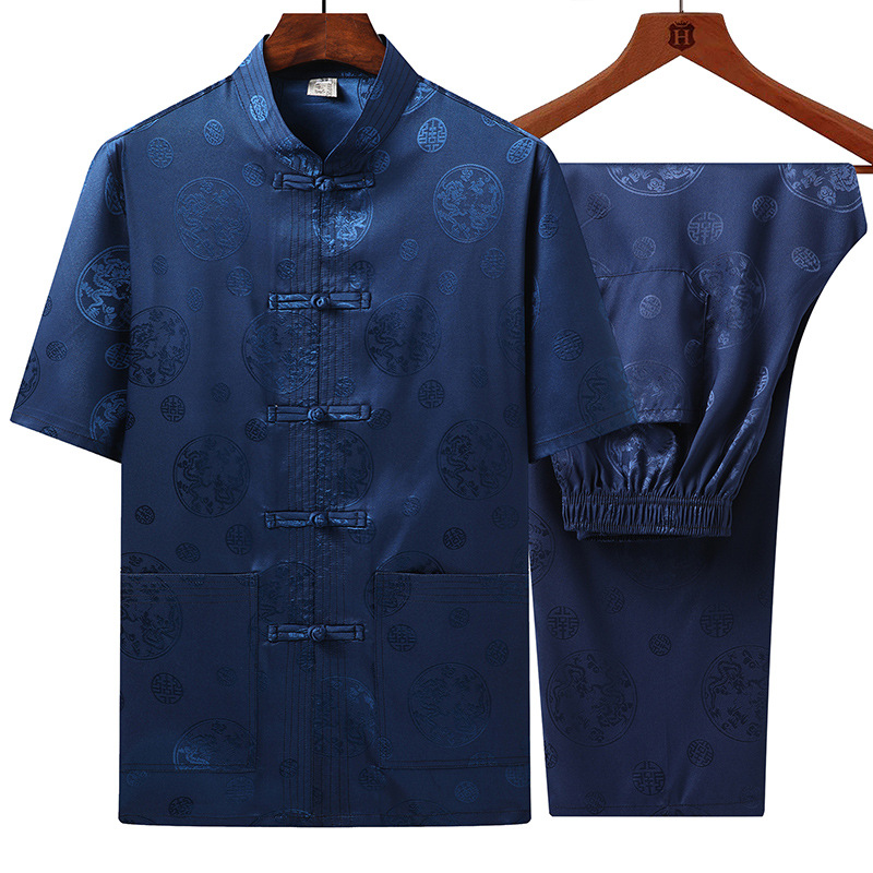 Summer Middle-aged and Elderly Tang Suit Men's Short-sleeved Suit Set Collar Dad Suit Chinese-style Chinese-style Best Man Suit Jushi Suit