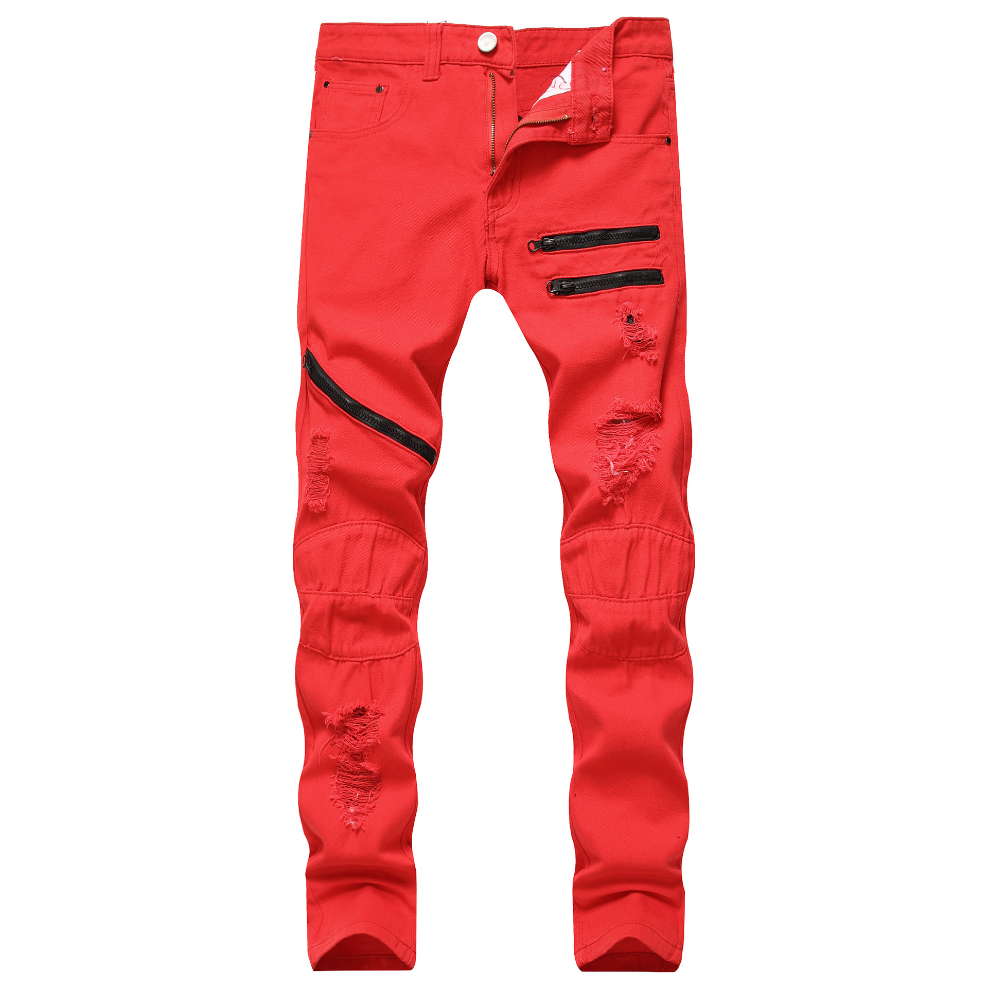 2020 Foreign Trade European and American New Men's Zipper Casual Jeans Three-color Ripped Zipper Slim-fit Straight Men's Pants