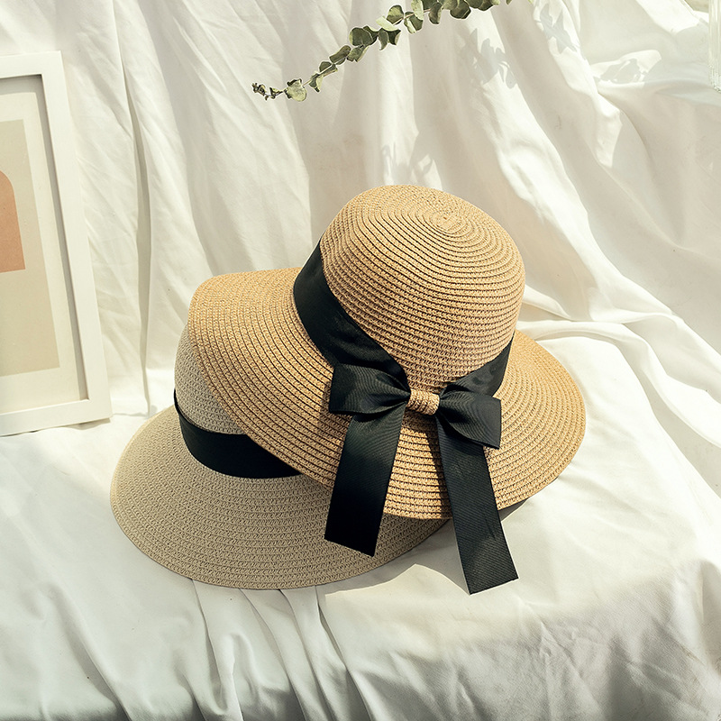 Verano estilo coreano moda cinta arco sombrero de paja de las mujeres vacaciones en el mar protección solar sombrilla plegable sombrero de playa mujeres