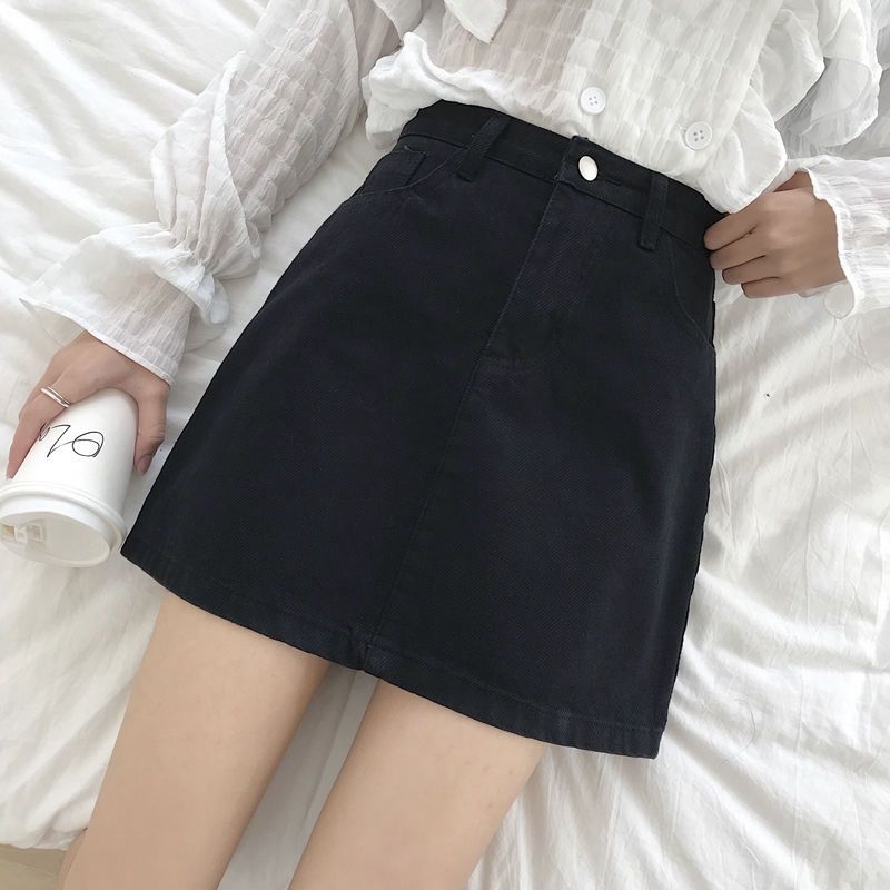 ins Black Denim Skirt Women's 2020 New Spring and Summer All-match High Waist A- line Hip Denim Skirt Women