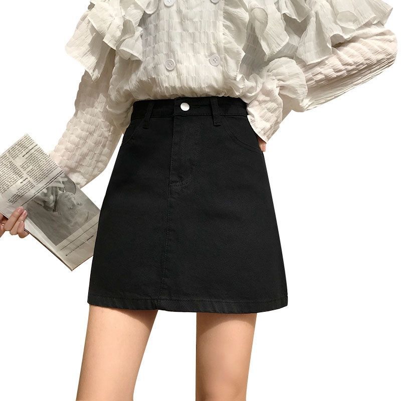 ins Black Denim Skirt Women's 2020 New Spring and Summer All-match High Waist A- line Hip Denim Skirt Women