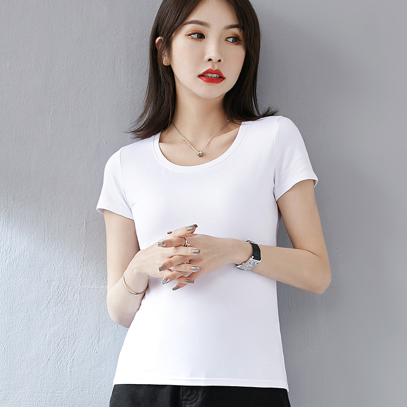 Summer short pure white T-shirt women's short sleeve slim round neck spring new pure cotton top T-shirt bottoming shirt fashion