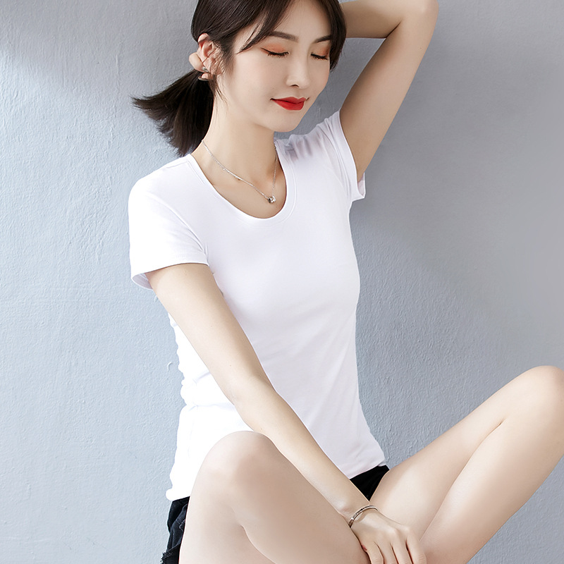 Summer short pure white T-shirt women's short sleeve slim round neck spring new pure cotton top T-shirt bottoming shirt fashion