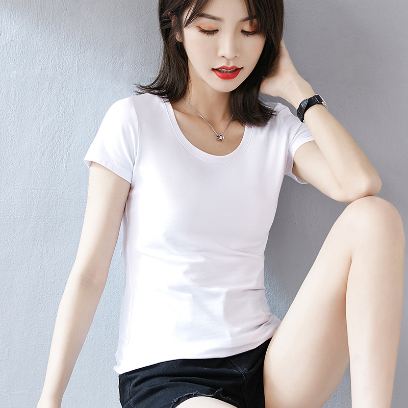 Summer short pure white T-shirt women's short sleeve slim round neck spring new pure cotton top T-shirt bottoming shirt fashion