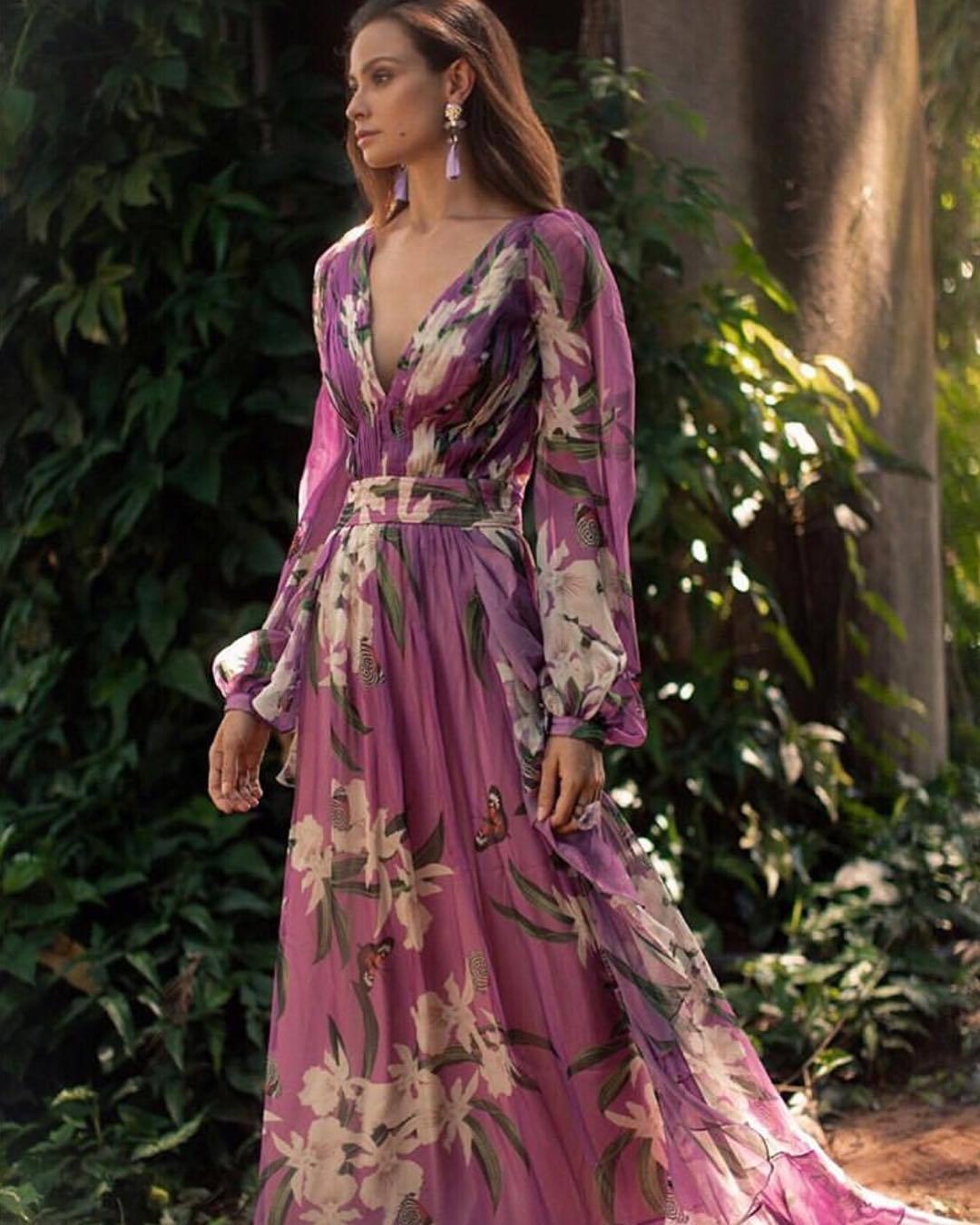 2024 Cross-border Summer New Foreign Trade Printed Women's Dress Amazon V-neck Long Sleeve Large Swing Dress Women