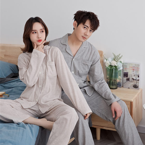 Factory direct pure cotton pajamas double gauze long sleeve good home Clothing Spring and Autumn couple's non-printed Japanese style