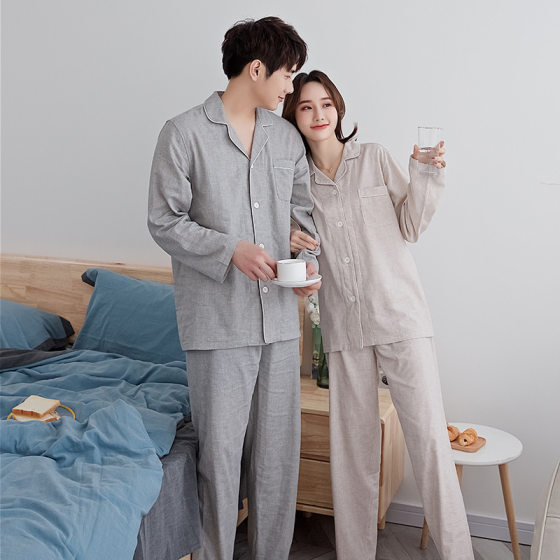 Factory direct pure cotton pajamas double gauze long sleeve good home Clothing Spring and Autumn couple's non-printed Japanese style