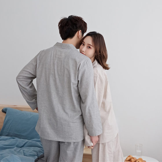 Factory direct pure cotton pajamas double gauze long sleeve good home Clothing Spring and Autumn couple's non-printed Japanese style