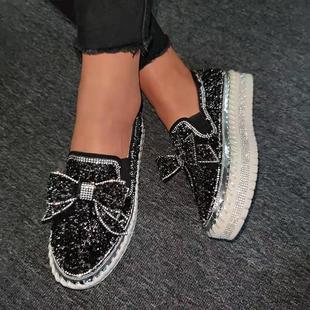 Single Shoes Women's 2020 Spring New Style Slip-on Thick Bottom Lazy Casual Rhinestone Bow Korean Style Student Shoes Trendy