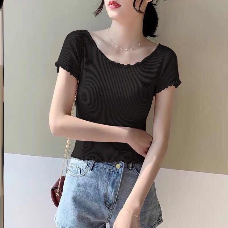 Summer short-sleeved ice silk knitted T-shirt women's slim fit slimming wooden ear high waist short exposed navel clavicle top thin