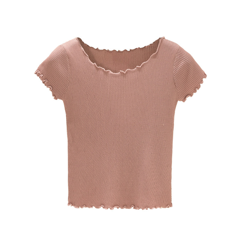 Summer short-sleeved ice silk knitted T-shirt women's slim fit slimming wooden ear high waist short exposed navel clavicle top thin