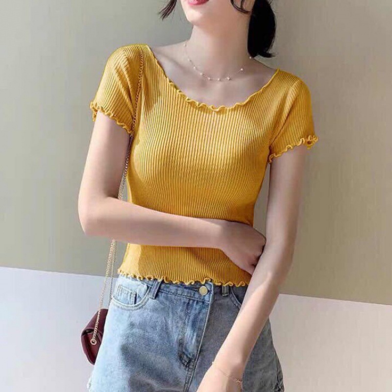 Summer short-sleeved ice silk knitted T-shirt women's slim fit slimming wooden ear high waist short exposed navel clavicle top thin