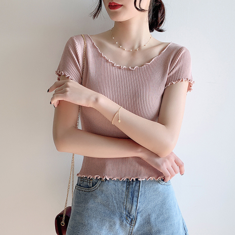 Summer short-sleeved ice silk knitted T-shirt women's slim fit slimming wooden ear high waist short exposed navel clavicle top thin