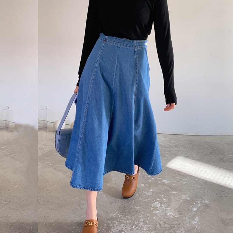 Denim Mid-length Skirt Women's Spring and Autumn High Waist 200 Jin Mid-length Skirt Student Korean-style ins Large Size Loose Denim Skirt