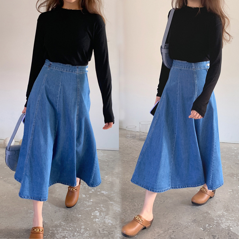 Denim Mid-length Skirt Women's Spring and Autumn High Waist 200 Jin Mid-length Skirt Student Korean-style ins Large Size Loose Denim Skirt
