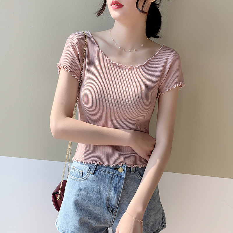 Summer short-sleeved ice silk knitted T-shirt women's slim fit slimming wooden ear high waist short exposed navel clavicle top thin