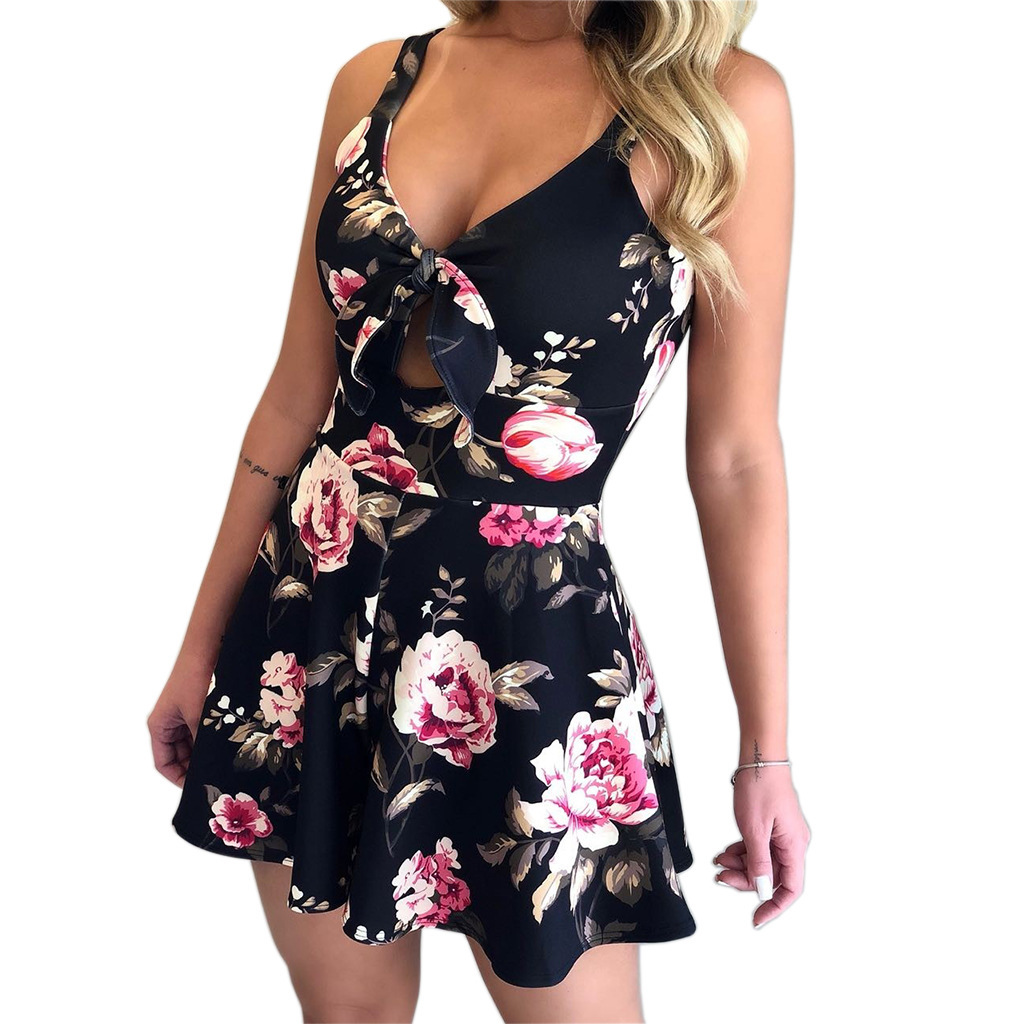 European and American Cross-border 2023 New Sexy Sling Chest Bow Lace-up Printed Loose One-piece Shorts