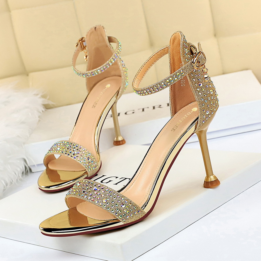 1688-3 European and American Style Sexy Banquet Summer High Heels Women's Shoes Stiletto Heel High Heel Open Toe Rhinestone Sandals