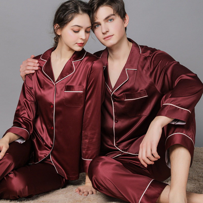 New Spring and Autumn Silk Couple Pajamas Women's Autumn Ice Silk Men's Pajamas Home Clothes Long Sleeve Large Size Suit