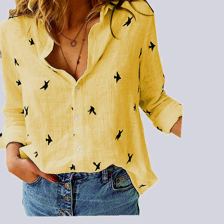 2023 Spring and Autumn Asia ma Xun ebay European and American Women's Animal Printed Casual Loose Long Sleeve Linen Shirt Spot