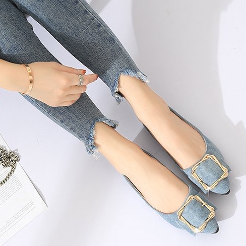 Square buckle single-layer shoes women 2023 spring new shallow mouth pointed low heel mom casual ladle shoes Bean shoes women Wholesale