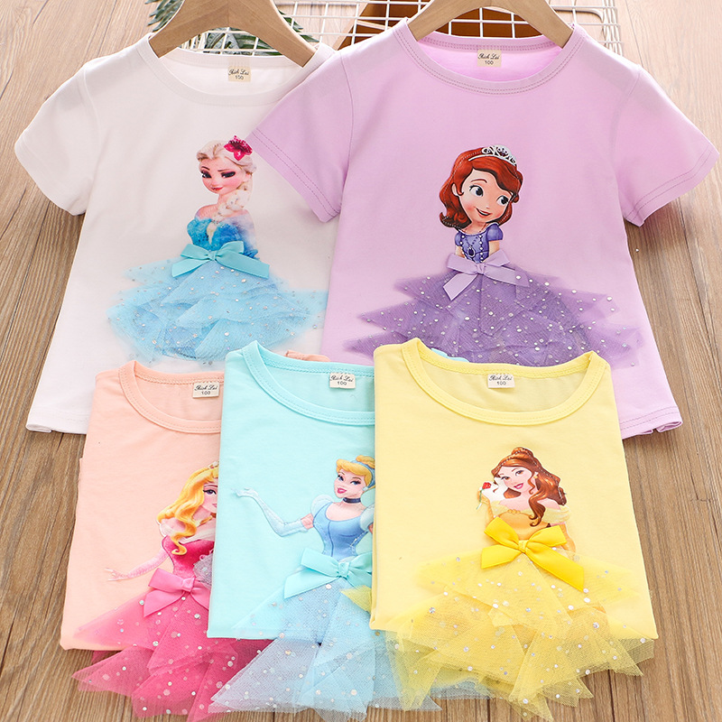 Girls' Short Sleeve T-Shirt 2024 New Summer Korean Style 3D Princess Top for Toddlers and Small Children Half Sleeve Cross-border Amazon