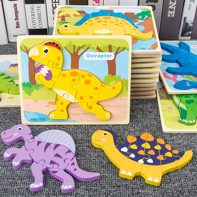 Wood 3d three-dimensional buckle dinosaur puzzle cartoon Three-dimensional puzzle early education thinking baby shape matching puzzle