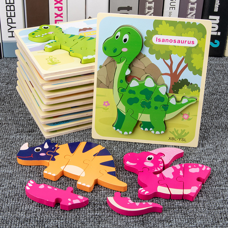 Wood 3d three-dimensional buckle dinosaur puzzle cartoon Three-dimensional puzzle early education thinking baby shape matching puzzle