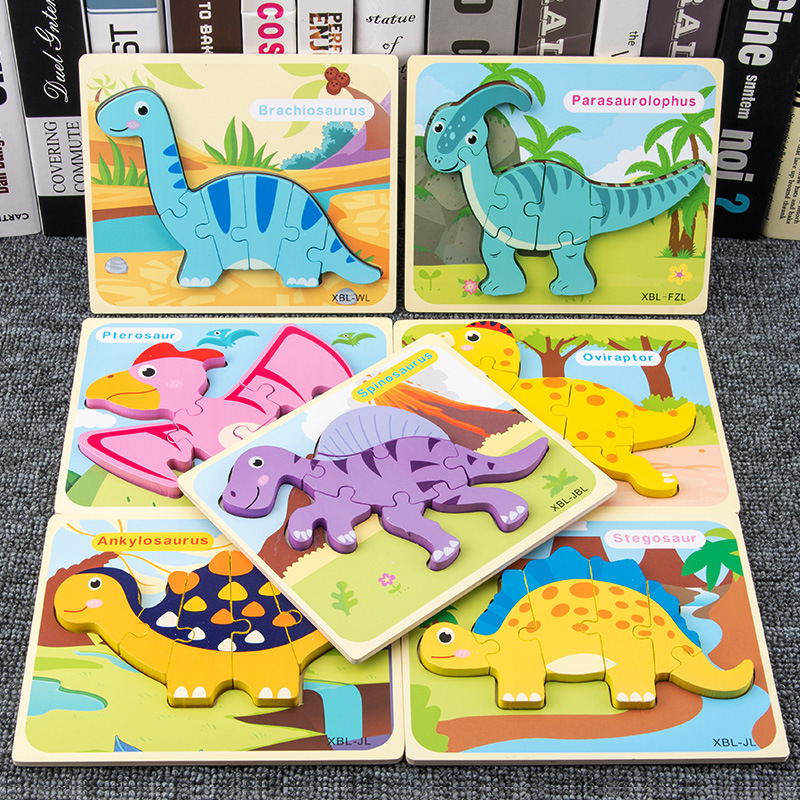 Wood 3d three-dimensional buckle dinosaur puzzle cartoon Three-dimensional puzzle early education thinking baby shape matching puzzle