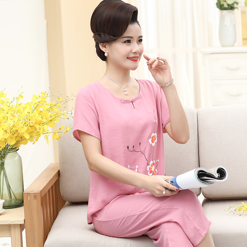 Middle-aged and elderly short-sleeved suit women's summer thin cotton and linen mom pajamas two pieces suit women's homewear can be worn outside