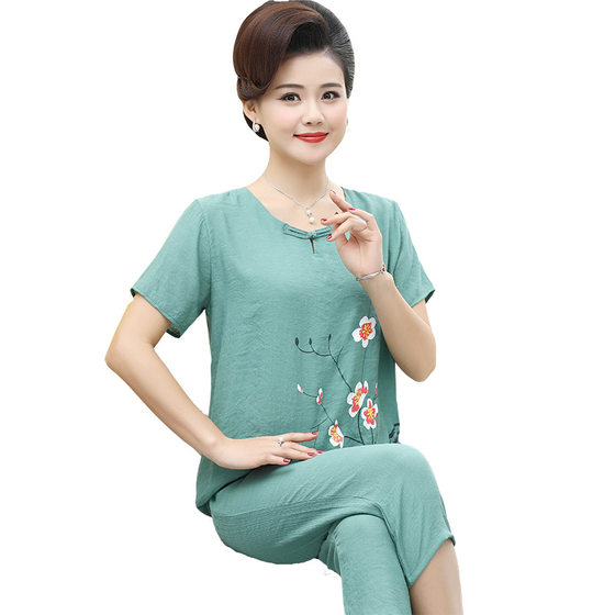Middle-aged and elderly short-sleeved suit women's summer thin cotton and linen mom pajamas two pieces suit women's homewear can be worn outside