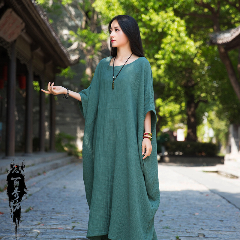 24 Nian Baixiu Textile Spring and Summer New National Style Irregular Bat Sleeve Slimming Artistic Double-Layer Bamboo Robe Dress